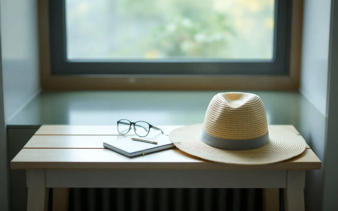 A pair of glasses, a folded sun hat and a small notebook set out on a light wooden bench in a quiet clinic entrance